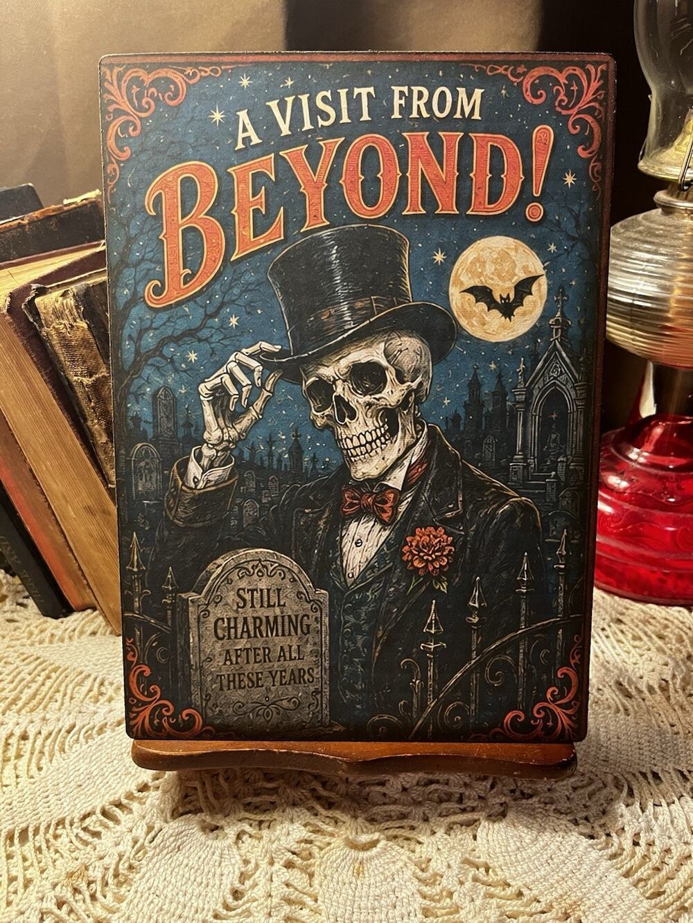 Halloween, A Visit From Beyond, Skeleton, Retro Handcrafted Plaque